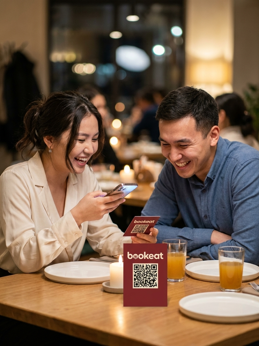 Гостья сканирует QR-меню BookEat за столом ресторана